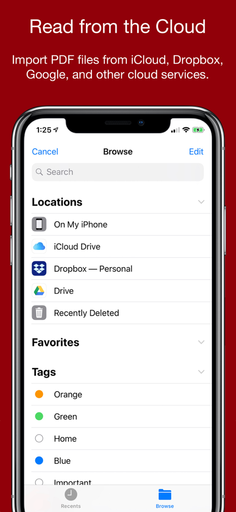 Smart PDF+ Editor - iCloudやDropboxなどのクラウドストレージのインポートオプションを表示しているSmart PDF エディタアプリのインターフェース