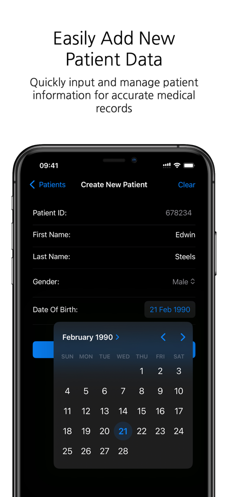 DICOM Camera - Smartphone screenshot showing the DICOM Camera app interface for adding new patient information including ID, name, and date of birth.