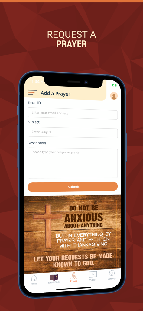 Holy Bible - Multilingual App - A smartphone screen showing the Add a Prayer form and a Bible verse graphic in the Holy Bible Multilingual App.