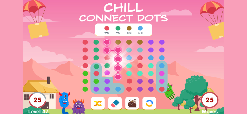 Two Link - Connect the Dots - A colorful puzzle level in the Two Link Connect the Dots mobile game showing a grid of dots and cute characters
