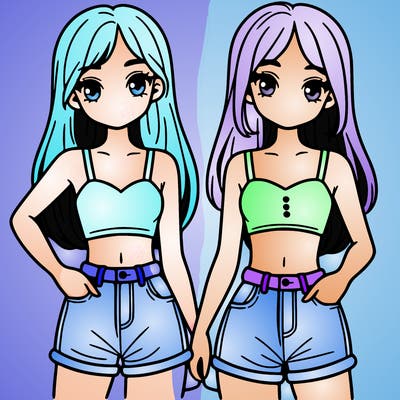 two sisters with crop tops and jean shorts and straight hair
