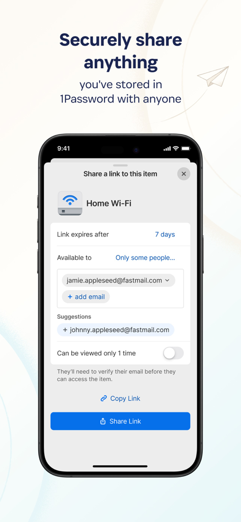 Interface of 1Password mobile app for securely sharing a Wi-Fi password link with specific people
