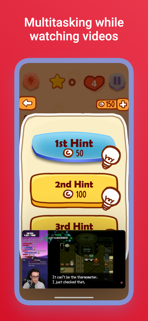 Music Video Player with PiP - An iPhone screen displaying a mobile game with a video playing in a picture-in-picture window at the bottom.