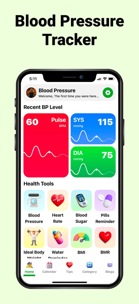 Blood Pressure Tracker Apps - Panel de control de la aplicación Blood Pressure Tracker que muestra los niveles de pulso y presión arterial junto con herramientas de salud como calculadoras de IMC e IMB