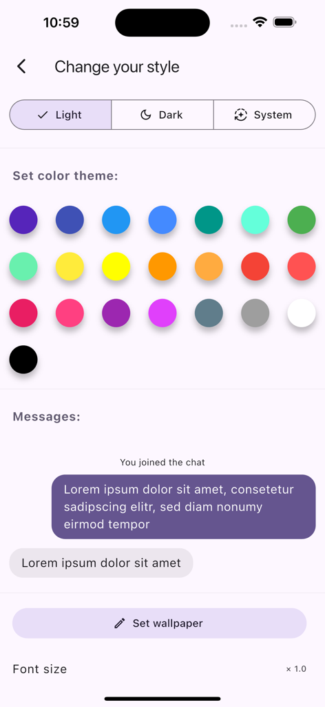 Interface for changing the app style color theme and wallpaper in FluffyChat