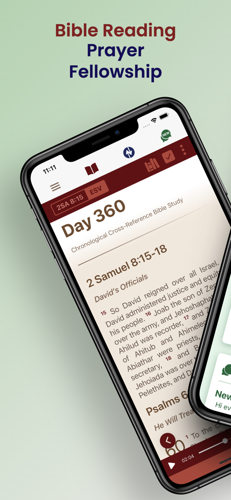 Bible Study Together - Pantalla de smartphone mostrando la aplicación Estudio Bíblico Juntos con un plan de lectura cronológico diario.