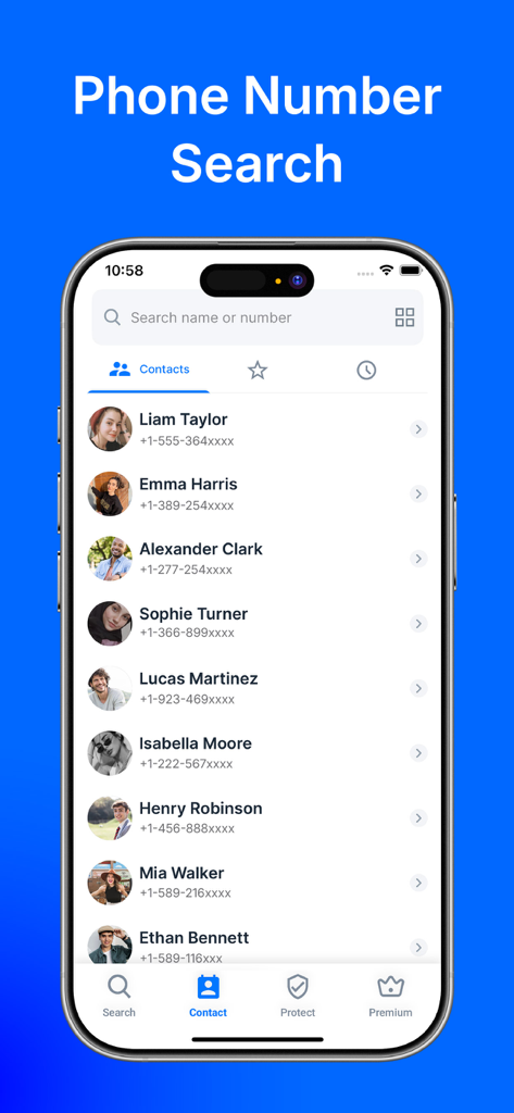 Caller ID - Spam Call Blocker - 전화번호 식별 및 스팸 전화 차단기 앱에서 전화번호 검색 및 연락처 목록을 보여주는 iPhone 화면