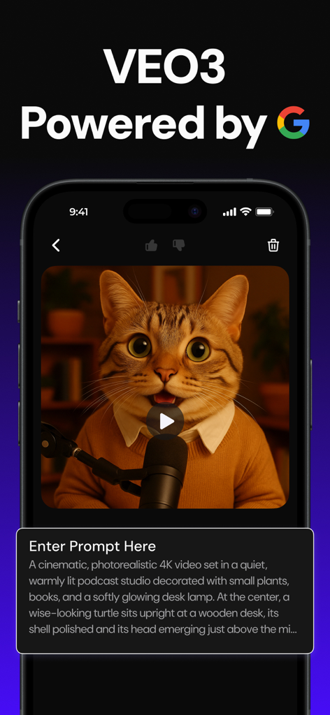 Boom AI app interface showing an AI video generation of a cat in a podcast studio