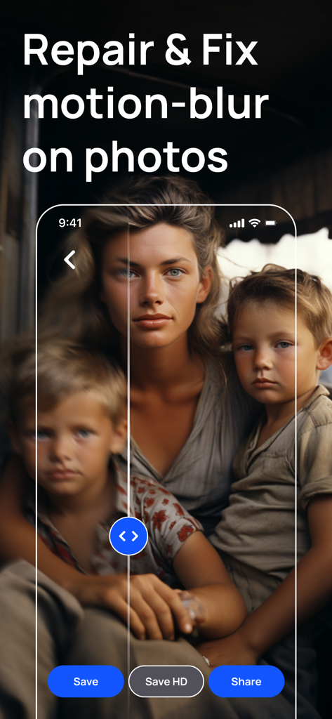 BlurBuster - AI Photo Enhancer - BlurBuster AIを使用してモーションブラーを修正した家族写真の、修正前後の比較
