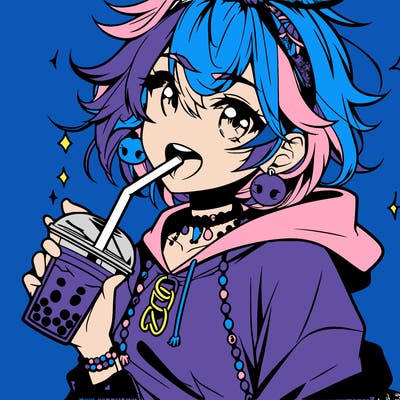 hot baddie anime girl drinking boba and biting the straw