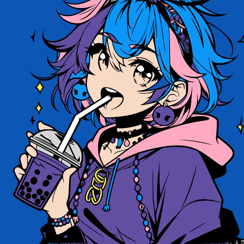 hot baddie anime girl drinking boba and biting the straw