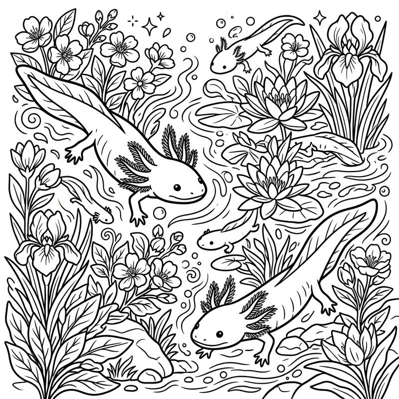 Dive into a charming spring scene with our delightful mudpuppies coloring page, perfect for bringing vibrant life to these unique aquatic salamanders. Explore a world brimming with blooming spring flowers and gentle water ripples, ready for your creative touch.