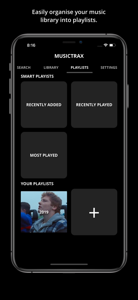 Musictrax app interface for organizing music library into playlists