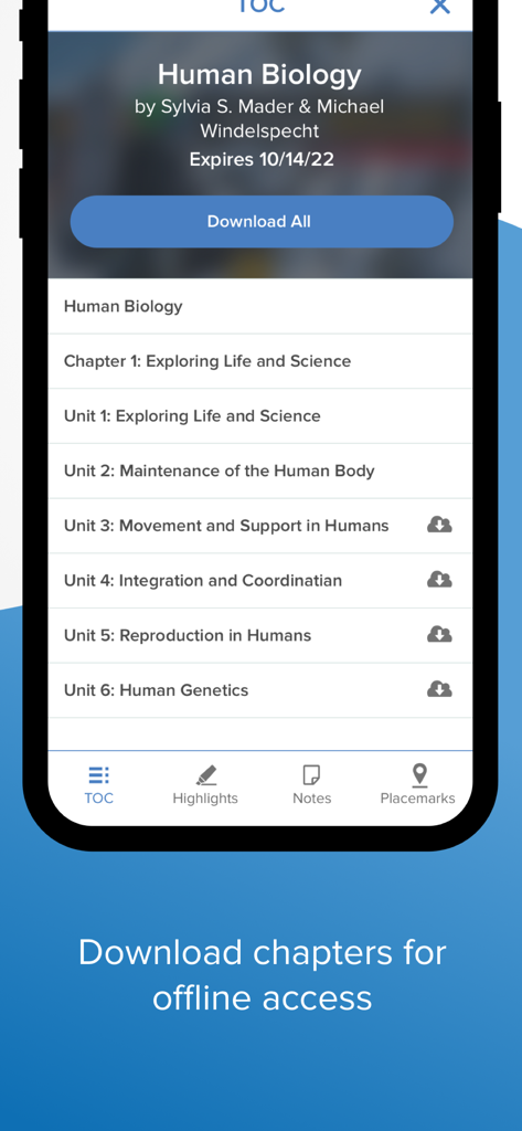 Die ReadAnywhere-App zeigt das Inhaltsverzeichnis eines eBooks mit Optionen zum Herunterladen von Kapiteln für das Offline-Lesen an