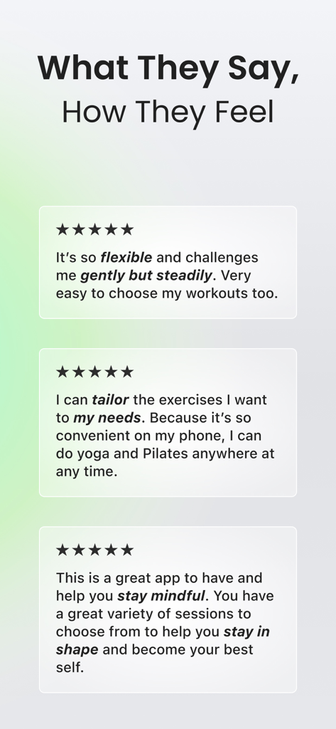 Customer reviews for Yoga-Go app highlighting personalized workouts and mindfulness benefits