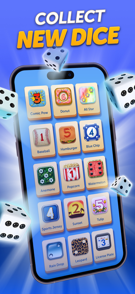 A variety of themed custom dice designs available for collection in the Dice With Buddies mobile app