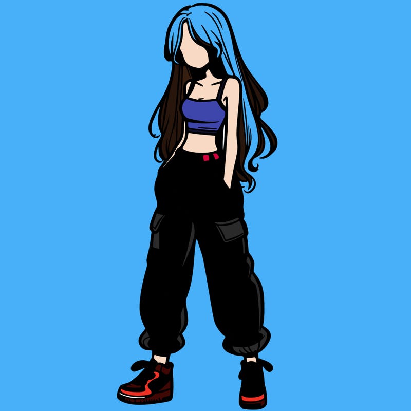 girl in baggy pants crop top and long hair