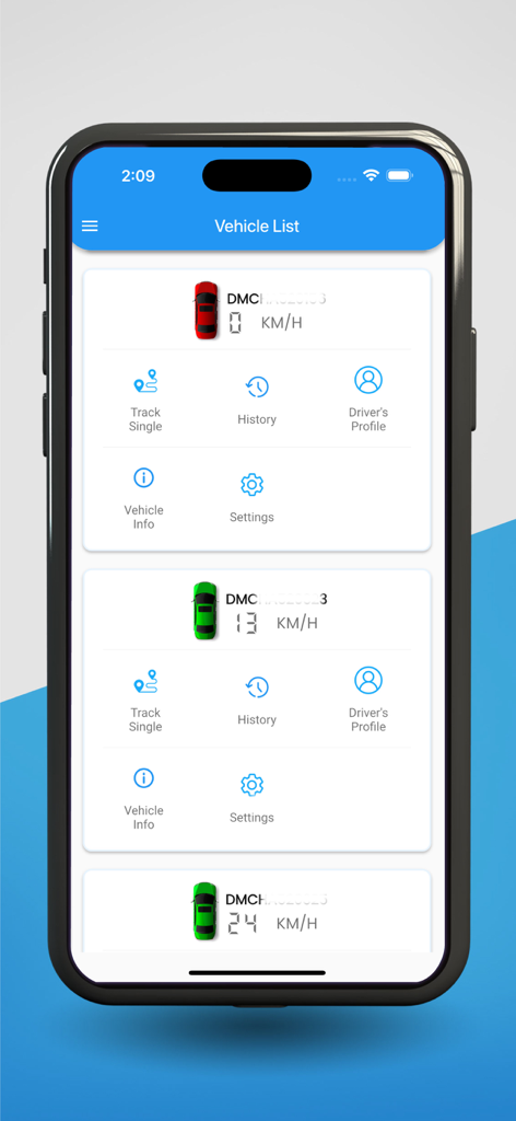 Grameenphone Vehicle Tracking - Grameenphone Vehicle Tracking app screen showing a list of vehicles with current speed and status monitoring options.