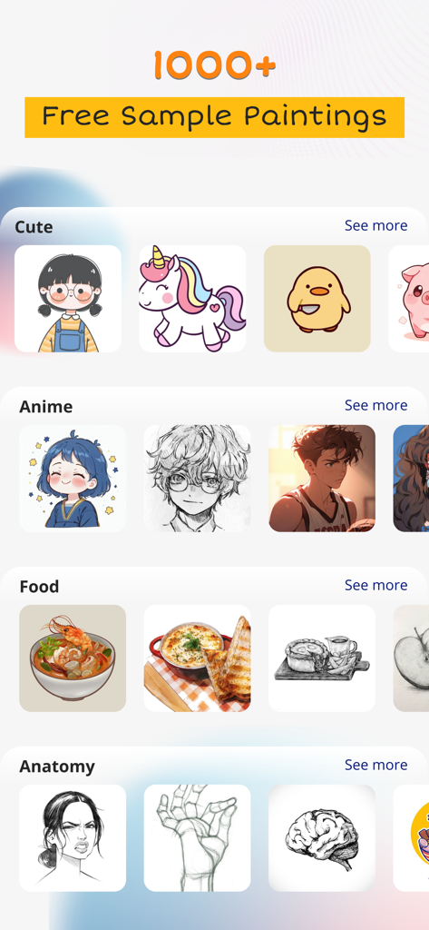 AR Sketch Studio - AR Sketch Studio app interface displaying various drawing template categories like anime cute food and anatomy