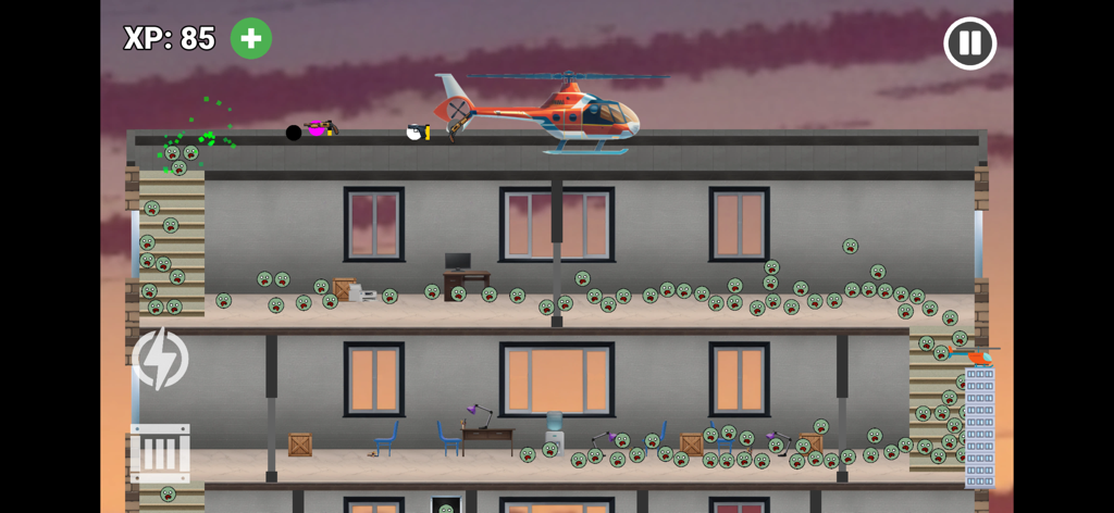 Zombie Tower Escape - Marbles reaching a rescue helicopter on the building roof in Zombie Tower Escape.