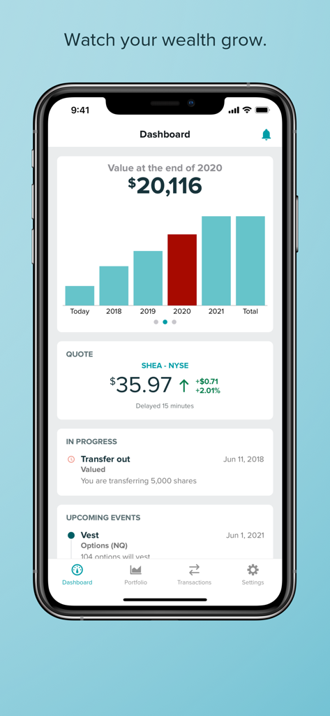 Dashboard of the Shareworks app showing a portfolio wealth growth chart and stock quote information