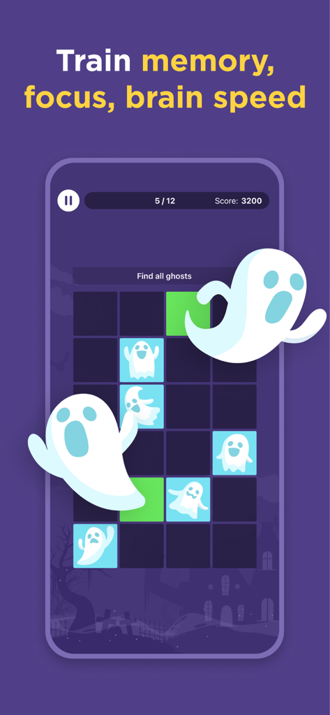 Memory and focus training game interface in the Impulse app featuring ghosts on a grid