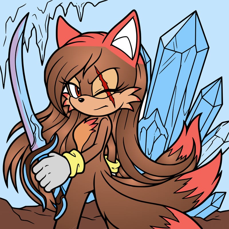 sonic, the hedgehog, but it's not him a female kitsune has a sword one scar across the right eye with ice behind it