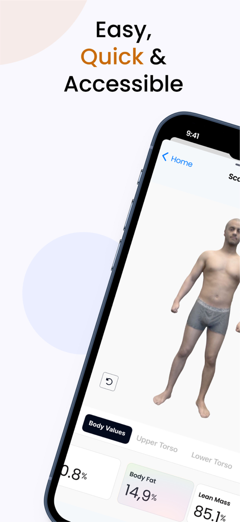 Fitycal - 3D Body Scan Tracker - Fitycal app interface displaying a 3D body scan with metrics for body fat and lean mass