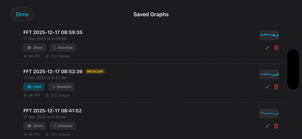 Lista de gráficos de respuesta de frecuencia guardados en la aplicación analizadora de espectro de audio