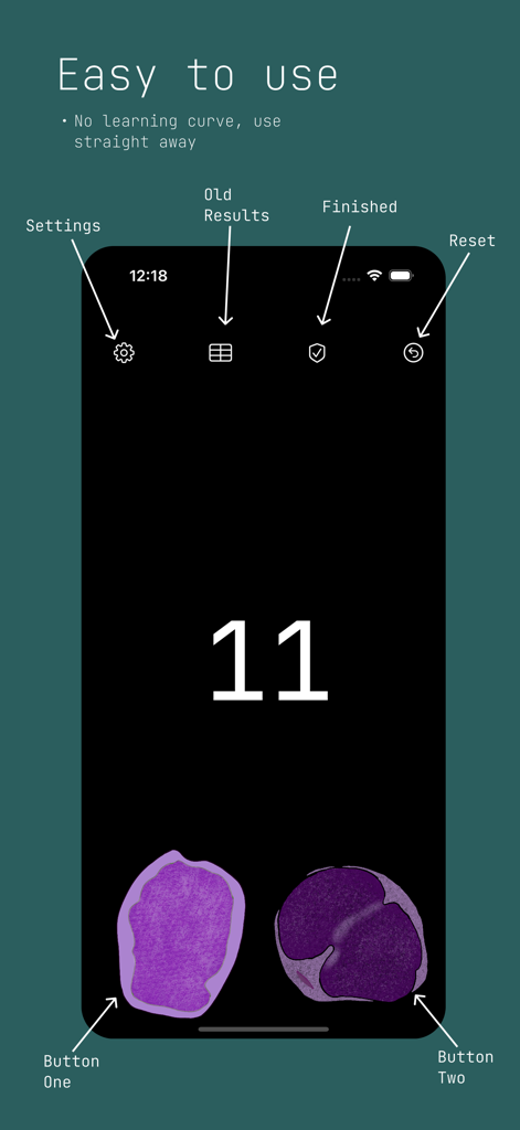 Cell Counter App - Screenshot of the Cell Counter App showing a simple interface with two cell counting buttons and various navigation icons.