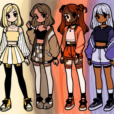 one girl with crop-top shirt and a jacket with a skirt, long socks and another girl with a shirt and pants with a jacket