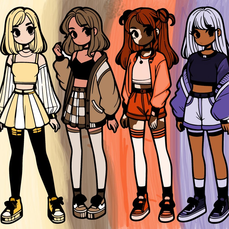 one girl with crop-top shirt and a jacket with a skirt, long socks and another girl with a shirt and pants with a jacket