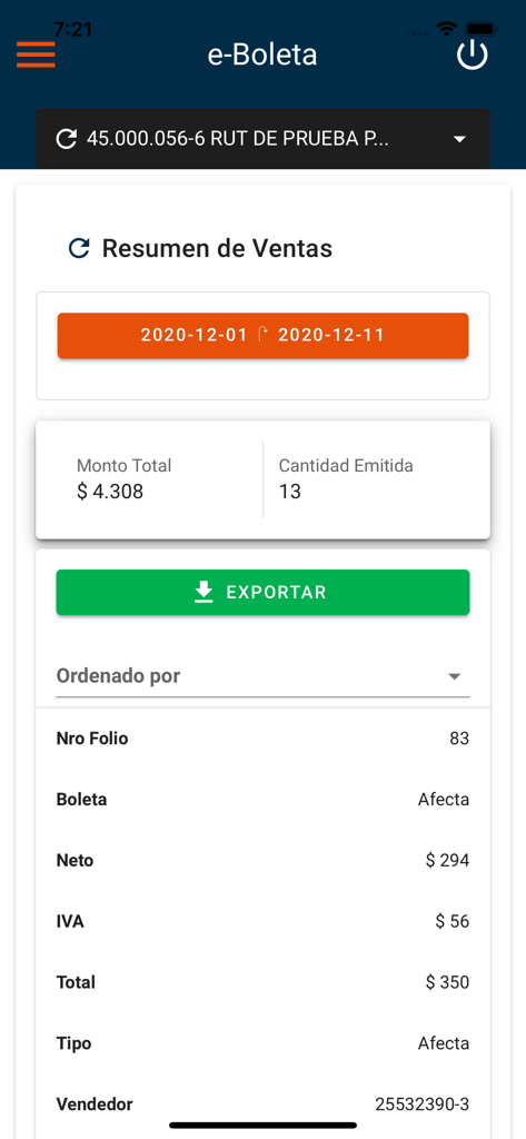 e-Boleta - A sales report screen in the e-Boleta app displaying total revenue and tax information.