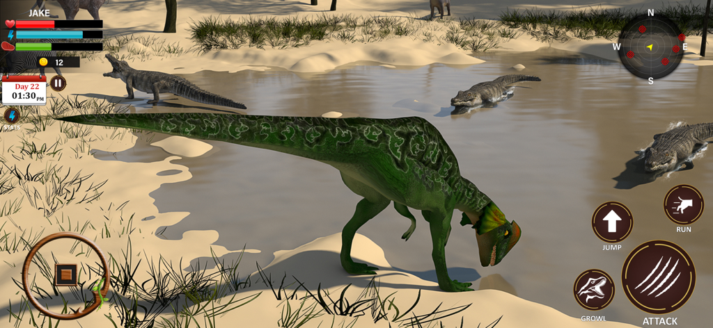 Wild Dinosaur Survival Sim 3D - A green dinosaur drinks water at a pond near crocodiles in a 3D survival simulator game
