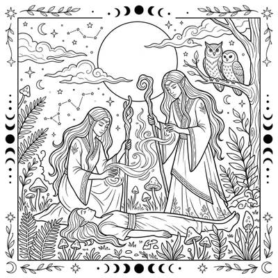 Journey into a realm of enchantment with this Elven Healers coloring page, where ancient magic meets the serene beauty of the night. Discover a scene of gentle healing under a luminous full moon, surrounded by mystical flora and watchful owls.