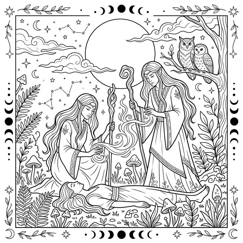 Journey into a realm of enchantment with this Elven Healers coloring page, where ancient magic meets the serene beauty of the night. Discover a scene of gentle healing under a luminous full moon, surrounded by mystical flora and watchful owls.