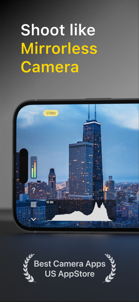 Varlens app on an iPhone showing mirrorless camera features with a cityscape background