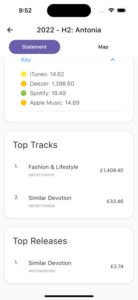 Curve Royalties app interface showing music royalty statements and top performing tracks
