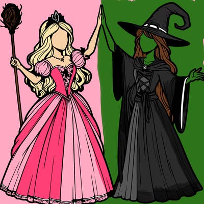 detailed realistic split of a princess and a witch