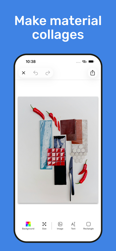 MoodBoard maker - Interface de um aplicativo móvel mostrando uma colagem de materiais sendo criada com pimentões vermelhos, azulejos e texturas de couro.