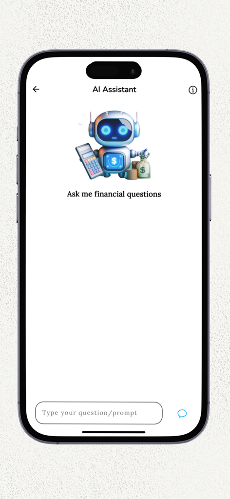 CashBot — Smart Budget - CashBot AI Assistant chat screen with a robot character prompting users to ask financial questions.