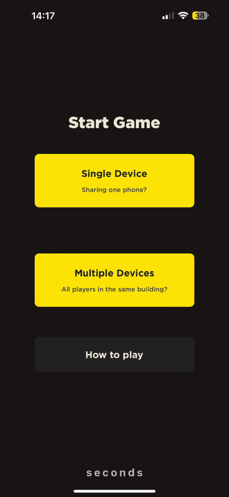 Start game screen of the SaidInSeconds app featuring yellow buttons for Single Device and Multiple Devices play modes on a dark background.