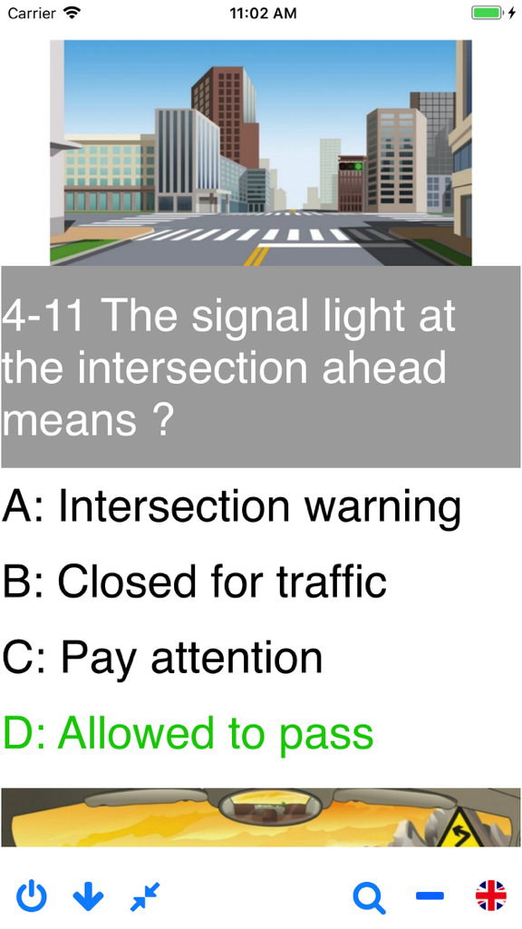Driving in China - theory test - Screenshot of a multiple-choice practice question about intersection signal lights in the Driving in China theory test app.