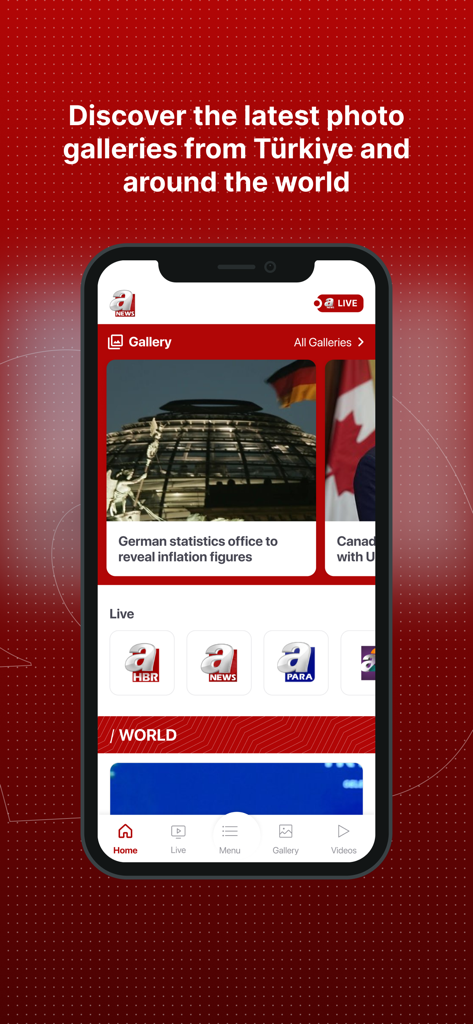A News app screenshot showing news galleries and live channel options.