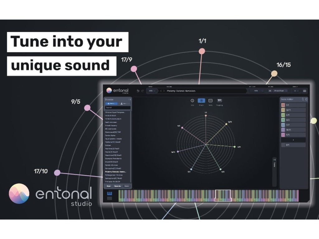 Entonal Studio - Interface do Entonal Studio mostrando um gráfico radial para afinação de música microtonal e o texto Sintonize em seu som único