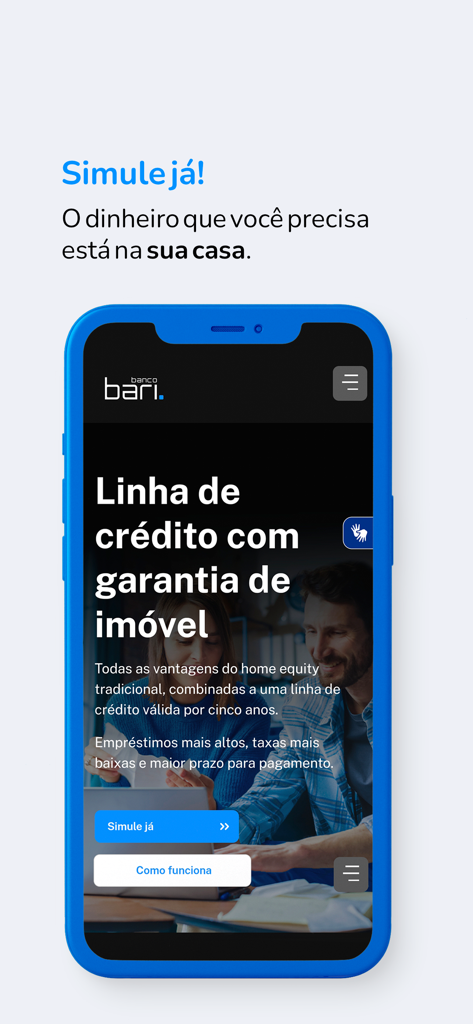 Banco Bari - Tela do aplicativo móvel Banco Bari mostrando opções de crédito com garantia de imóvel para proprietários de imóveis brasileiros