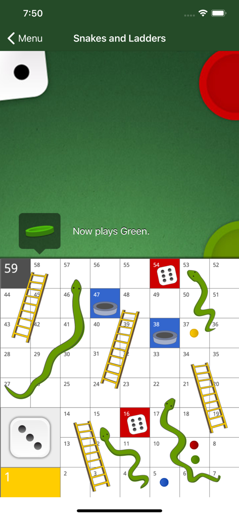 Board Games Lite - Gameplay screen of Snakes and Ladders from the Board Games Lite mobile app