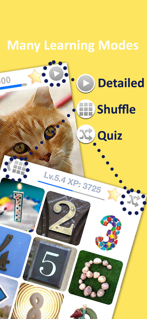 시각적 어휘 카드를 포함한 상세 셔플 및 퀴즈를 포함한 여러 학습 모드를 강조하는 Learn Taiwanese Chinese Basic 앱의 인터페이스