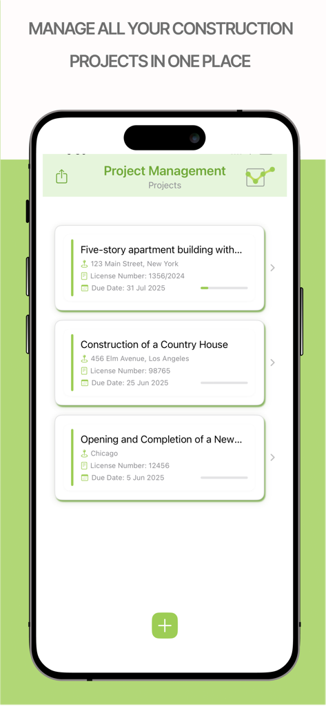 PlanoTrak - Construction App - Pantalla de gestión de proyectos de PlanoTrak que muestra una lista de proyectos de construcción activos con direcciones y plazos