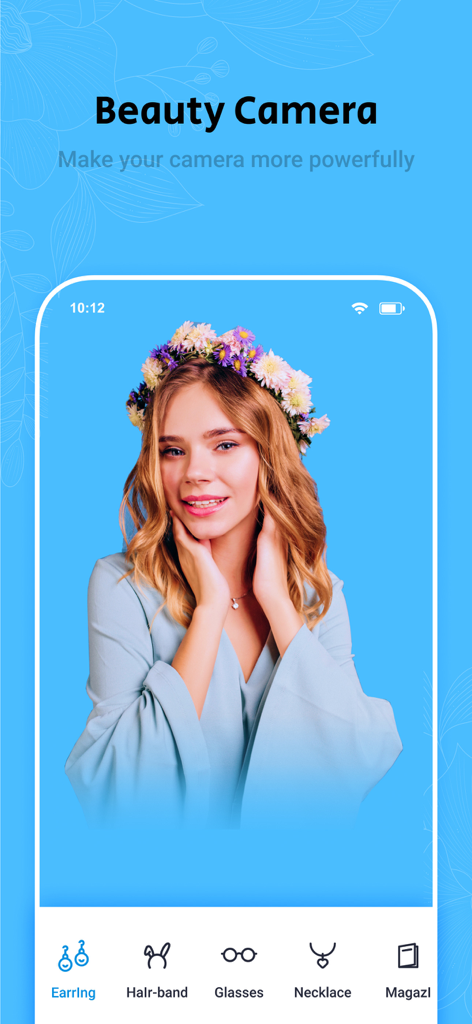 Beauty Cam - Selfie, Sticker - Captura de pantalla de la app Beauty Cam mostrando un selfie con stickers de accesorios y herramientas de edición de fotos